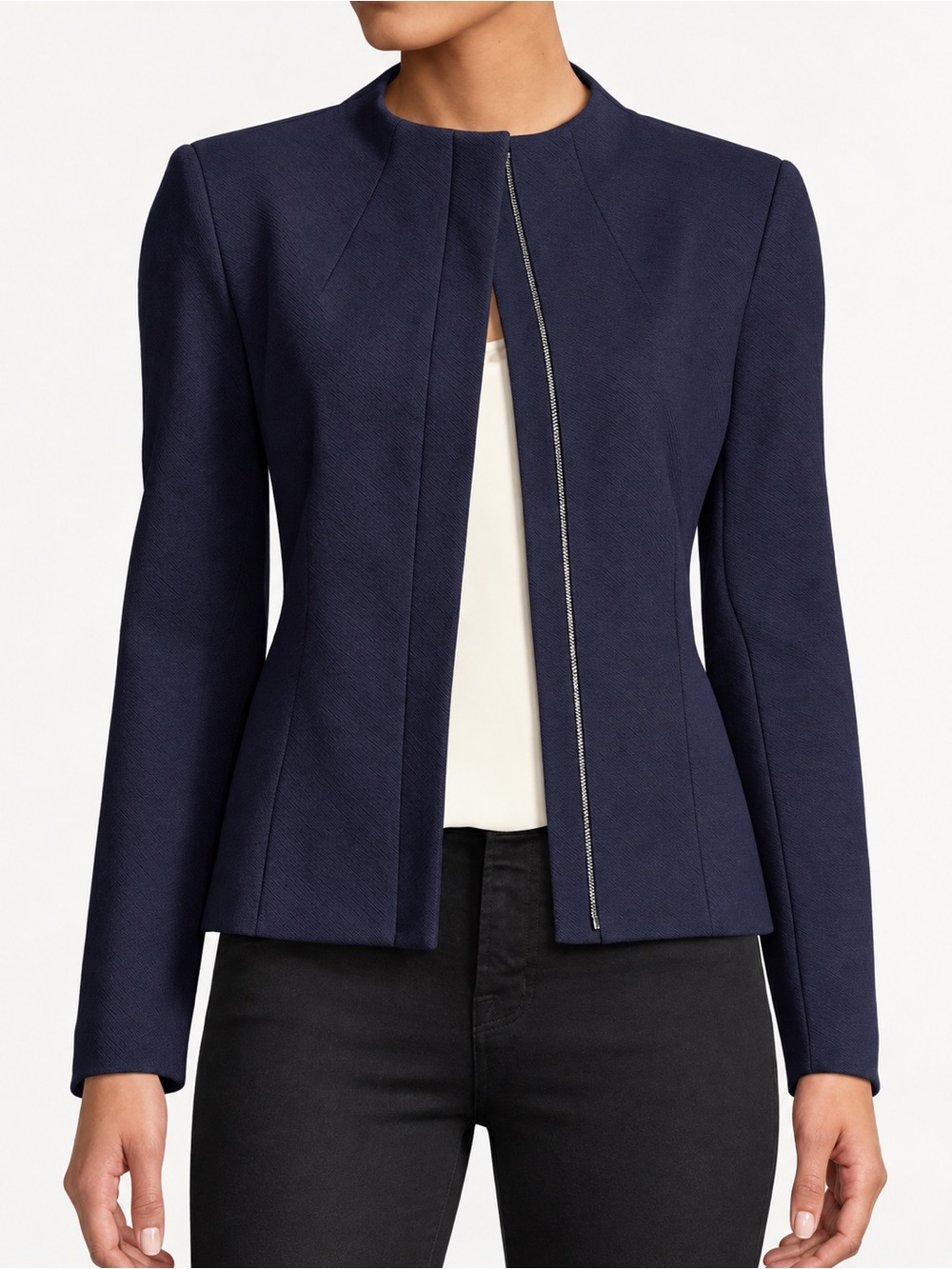 Theory Sculpted Knit Jacket Navy Blue Size M Structured Zip Front Blazer
